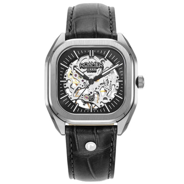 Ανδρικό ρολόι Roamer Mechano 985986-41-45-20 κουρδιστό με μαύρο δερμάτινο & μαύρο καντράν διαμέτρου 39.5mm.